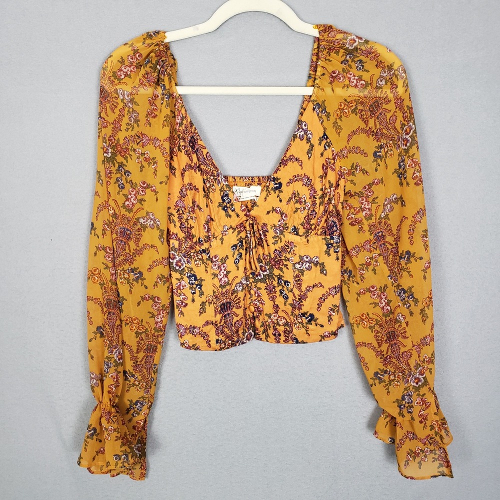 Urban Outfitters Flowy Sleeve Crop Blouse Orange Floral Cottagecore Milkmaid XS